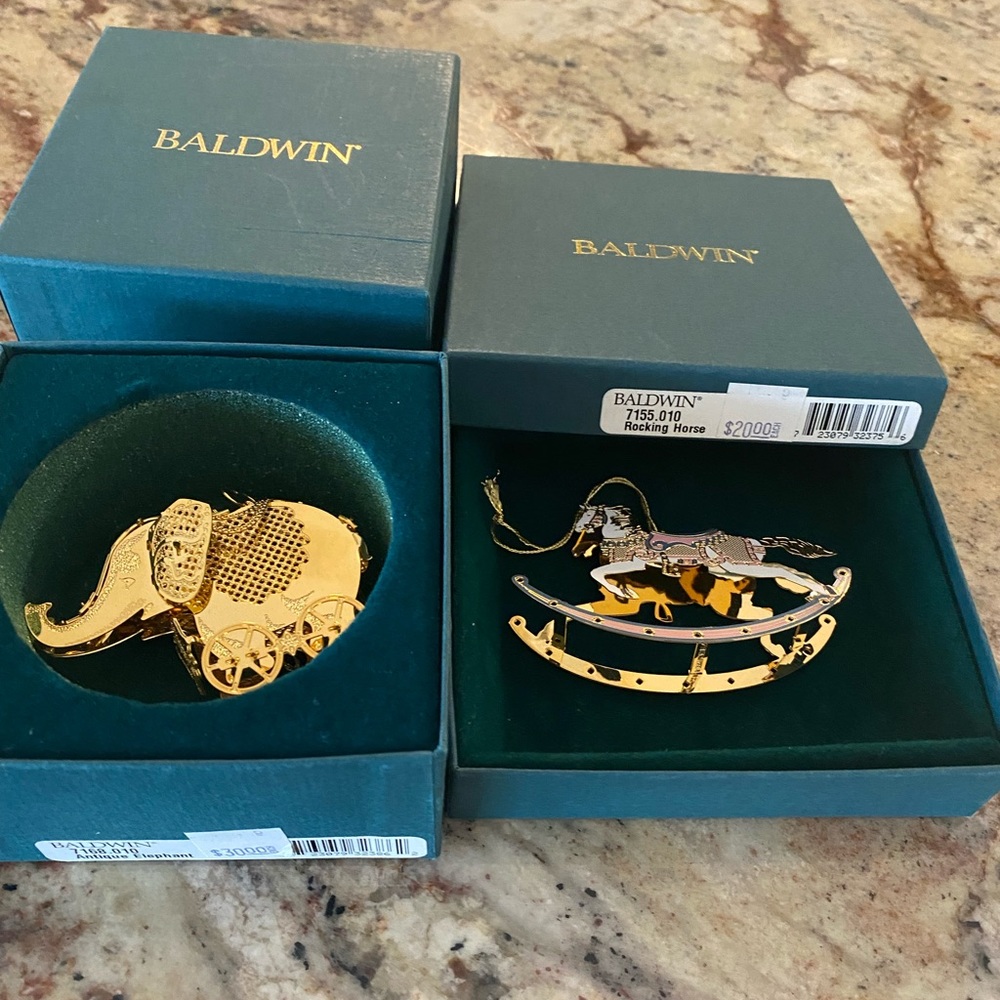 Baldwin Antique Elephant & Rocking Horse Christmas Ornaments.